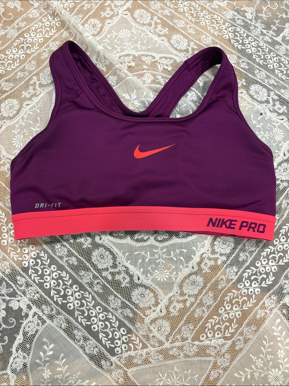 Nike Pro Purple Sports Bra with Pink Band
